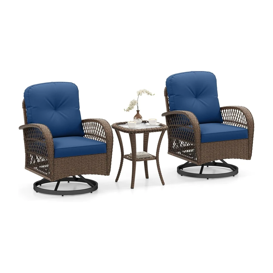 ORALNER 3 Pieces Wicker 360° Swivel Rocker Set Patio Furniture, Rocking Chairs with Cushions, Tempered Glass Coffee Table, Outdoor Rattan Bistro Set for Balcony Front Porch Deck Poolside (Navy)