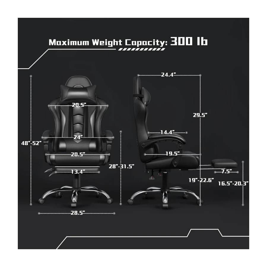 Yaheetech Gaming Chair with Massage Lumbar Support & Footrest, Full Black