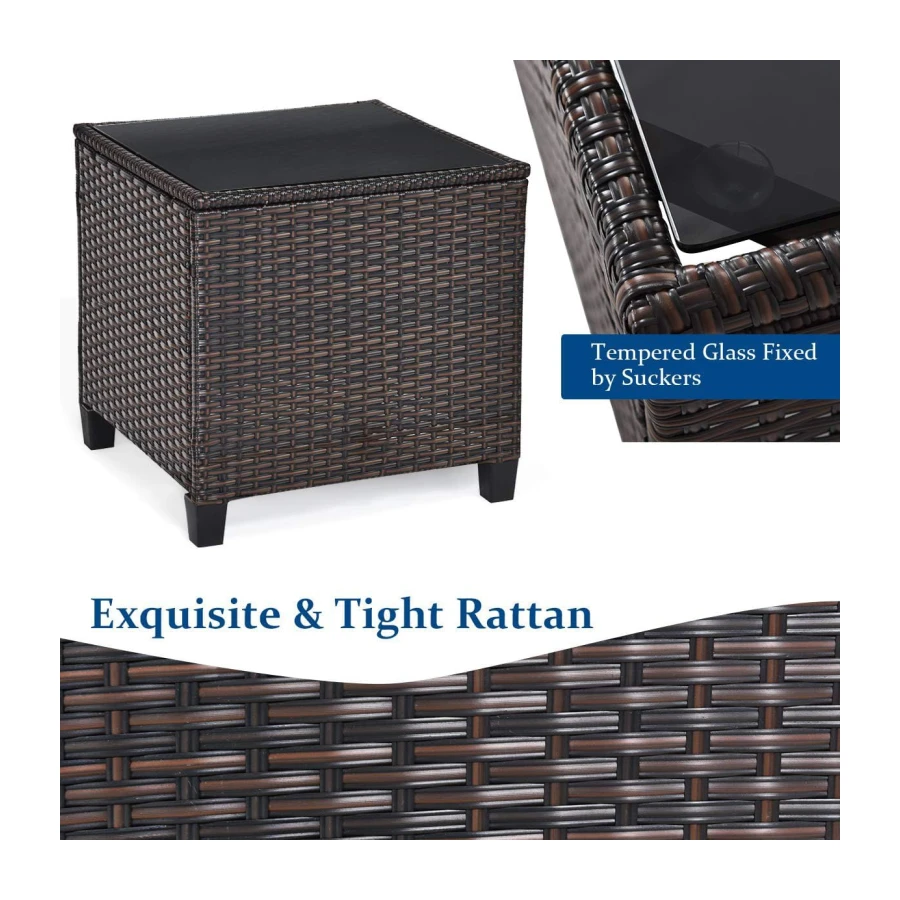 DORTALA 3 Pieces Patio Furniture Set, Outdoor Wicker Rattan Conversation Sofa Set with Cushion, Tempered Glass Top Table for Backyard Porch Garden Poolside Balcony, Navy