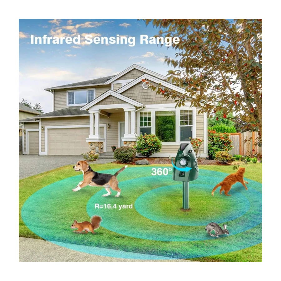 Solar Powered Animal Deterent, Ultrasonic Animal Control Device with Motion Sensor and FIashing Light, Waterproof Outdoor Animal Repellent for Deer Squirrel Raccoon Cat Bobcats, Frequency 18kHZ