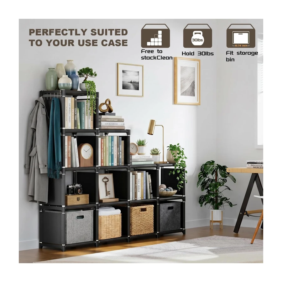 Mavivegue Bookcase, 12 Cube Storage Organizer, Tall Shelf, Black | 12-Cube Bookshelf