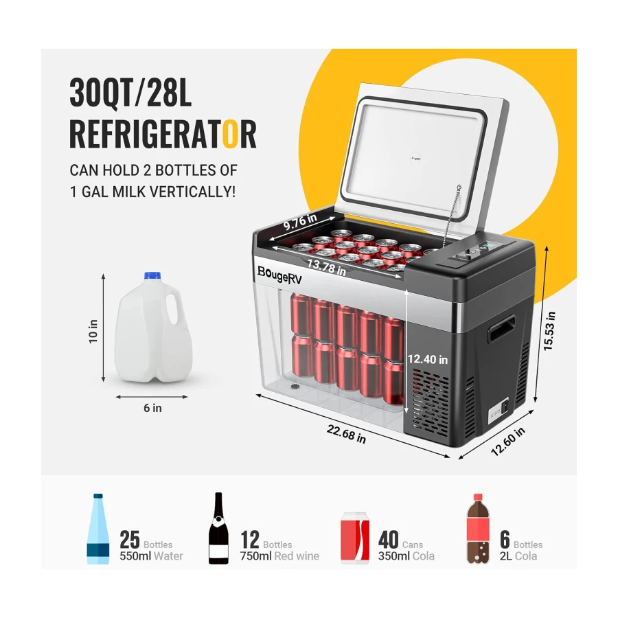 BougeRV 12 Volt Refrigerator 12V Car Fridge 30 Quart(28L) Freezer Compressor Cooler, 12/24V DC for Truck Van RV SUV Travel Road Trips Tailgating -8℉~50℉(Black)