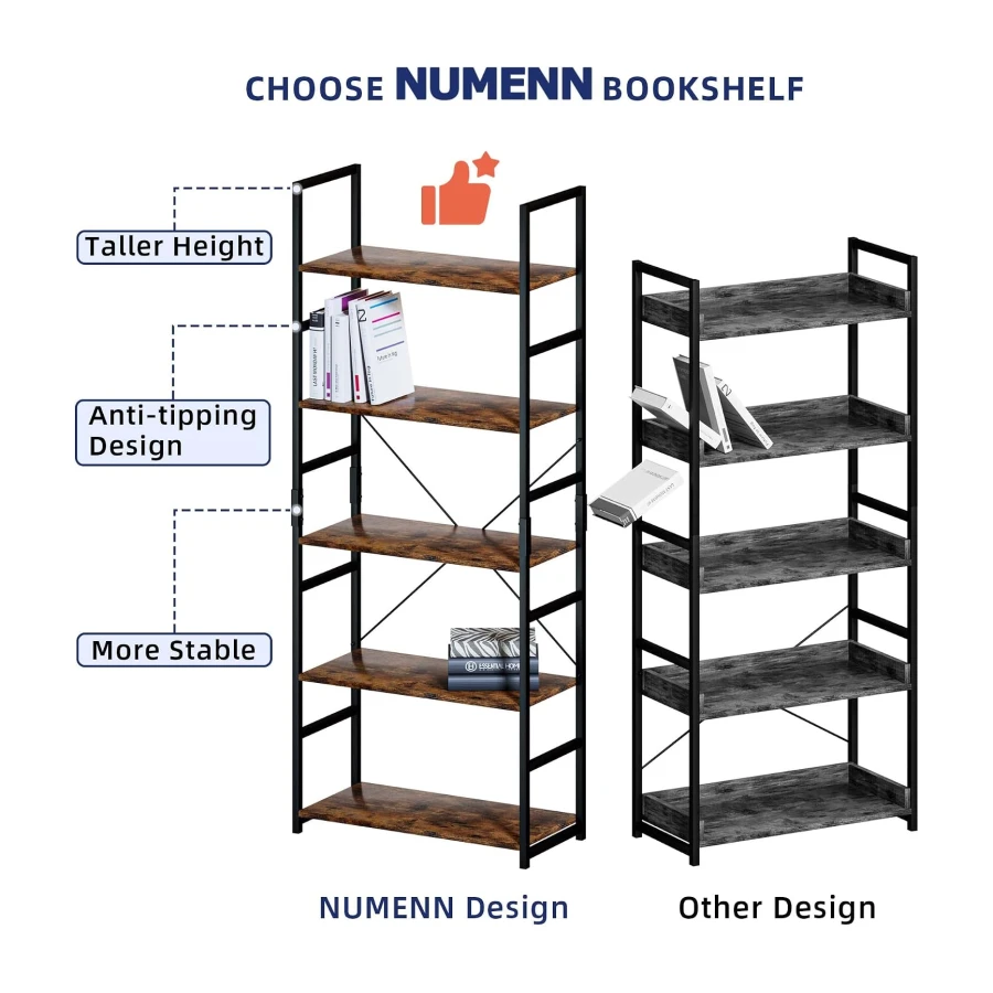 NUMENN 5 Tier Bookshelf, Tall Freestanding Open Storage Bookcase, Vintage