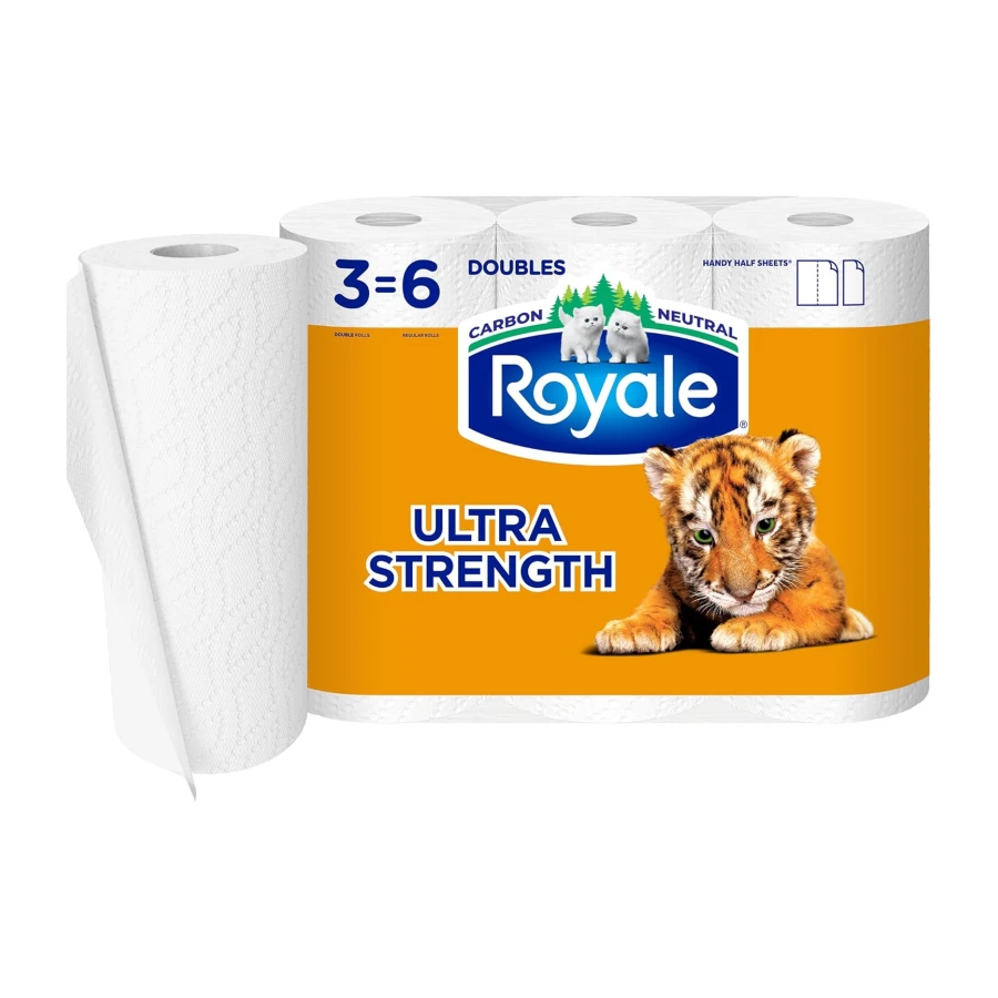 Royale Tiger Strong Paper Towel, 3 Double Equal 6 Rolls, 98 Half Sheets per Roll, White