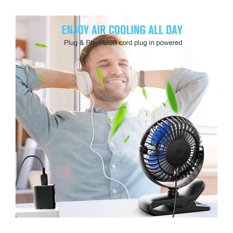 BESKAR USB Clip on Fan, Portable Small Desk Fan with Cord Powered | 3 Speeds Strong Airflow, Sturdy Clamp