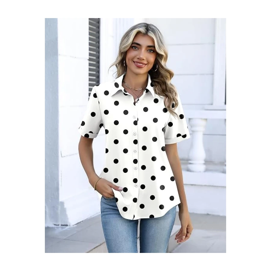 Zeagoo Button Down Shirts for Women Short Sleeve Collared Tops Dressy Casual V Neck Blouses