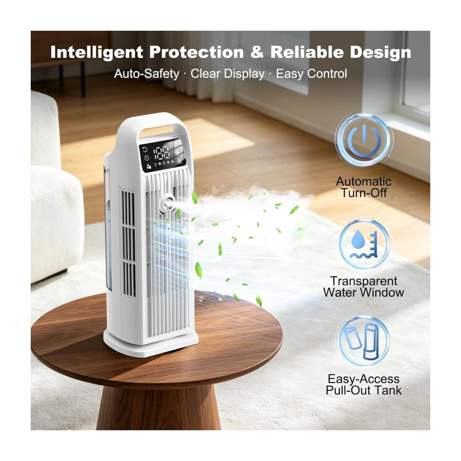 Portable Air Cooler, 4 in 1 Air Conditioner 1200ML Evaporative Air Cooler with Remote Control, 120° Oscillating 4 Speeds 12H Timer Mist Spray Tower Fan for Home Office（White）