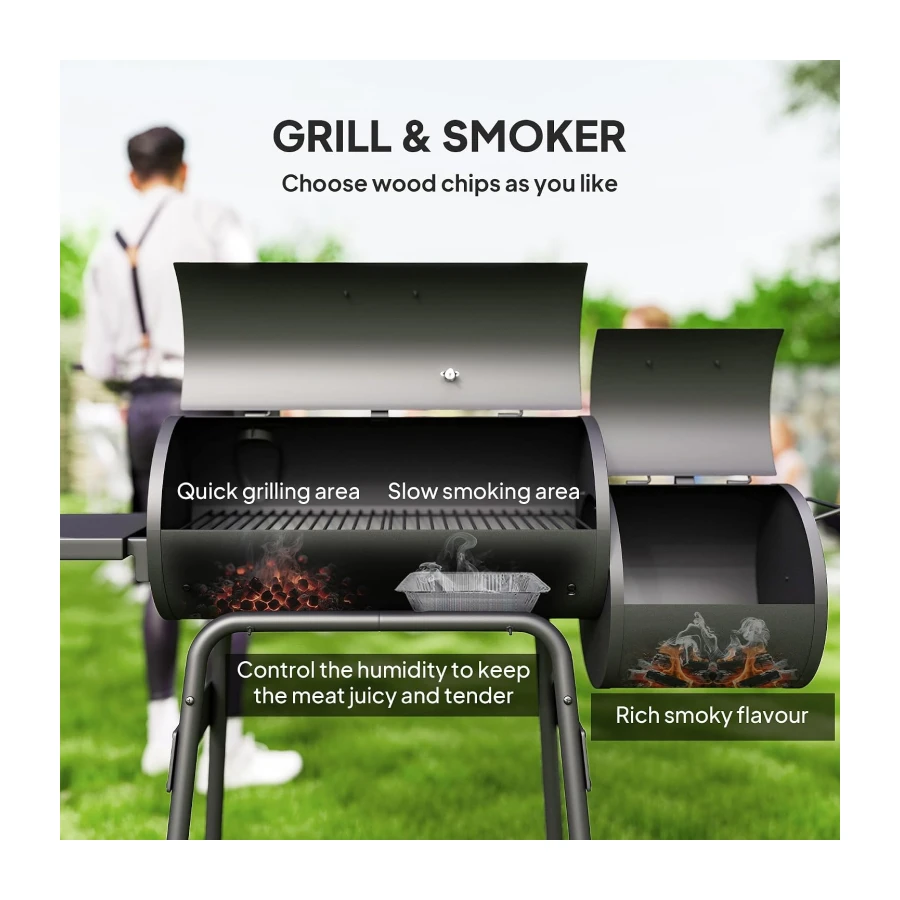 Outsunny 49" Charcoal BBQ Grill with Offset Smoker Portable Backyard Cooking Smoker Outdoor Camp Picnic Barbecue Cooker with Thermometer Wheels and Storage Shelves