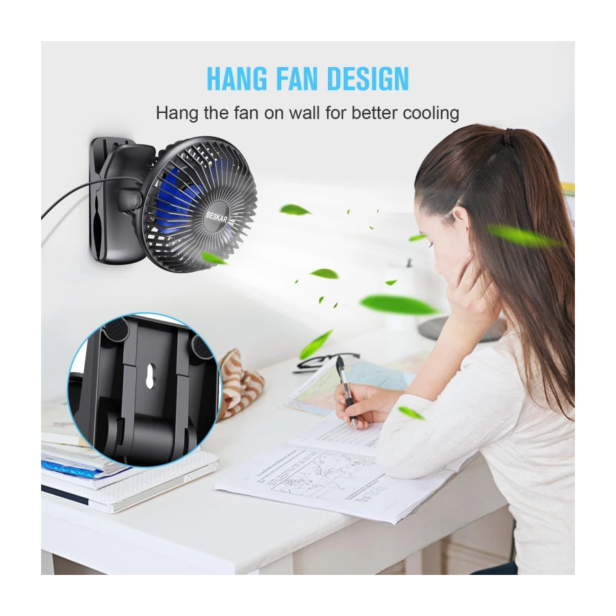 BESKAR USB Clip on Fan, Portable Small Desk Fan with Cord Powered | 3 Speeds Strong Airflow, Sturdy Clamp