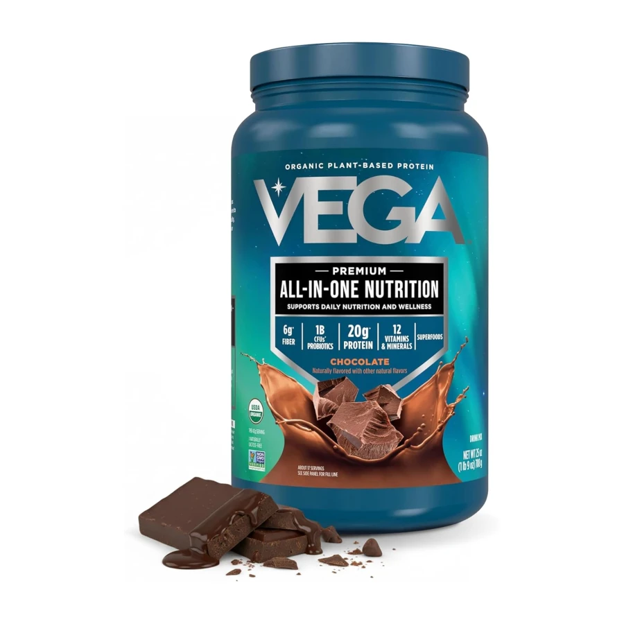 Vega Premium All-in-One Nutrition Protein Powder – 20g Plant-Based Vegan Protein, Vitamins & Probiotics, Chocolate, 876g