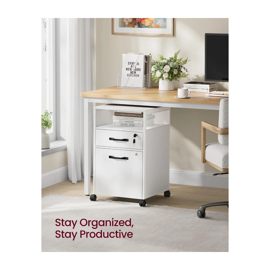 VASAGLE File Cabinet, Mobile Filing Cabinet with Wheels, 2 Lockable Drawers, Open Shelf