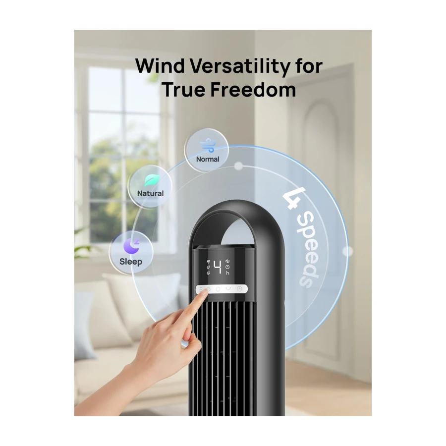 DREO Tower Fan for Bedroom, 90° Oscillating Standing Fans for Room with 4 Speeds, 3 Modes, 28dB Quiet for Sleep