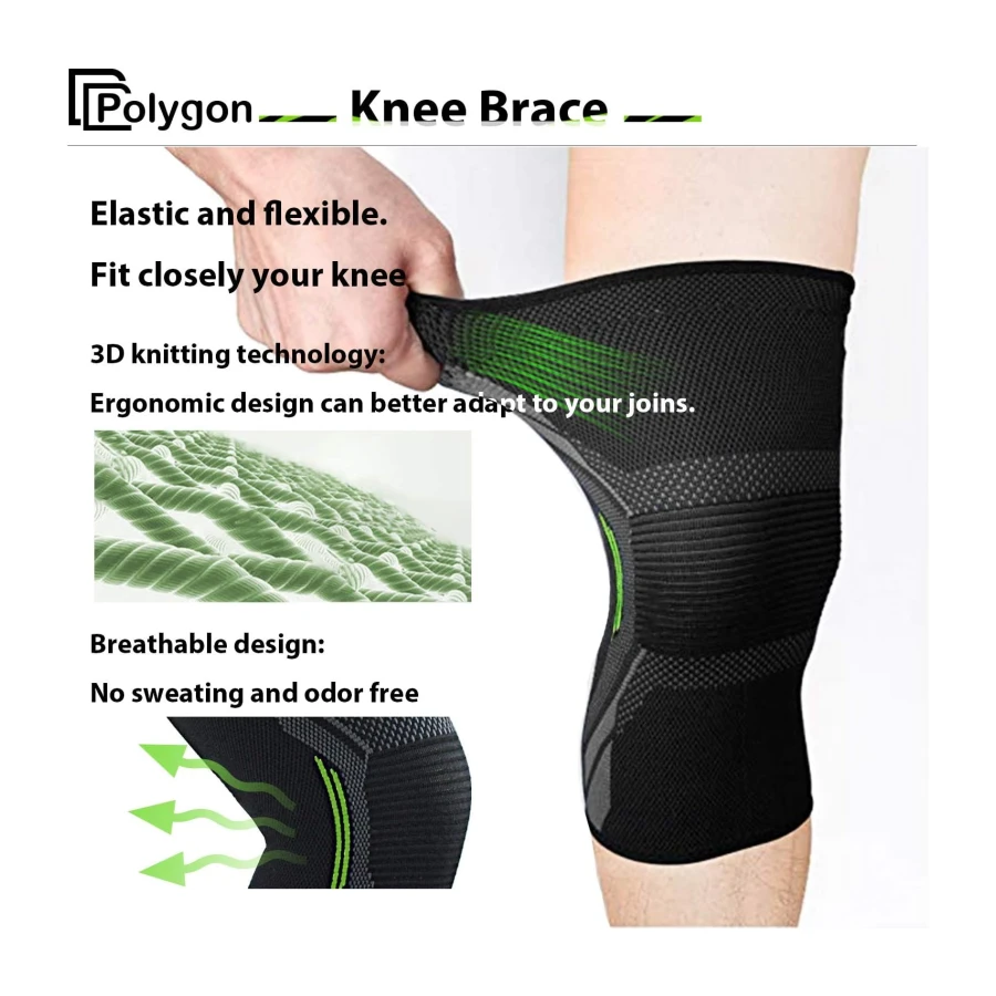 Polygon Knee Support Brace 2 Pack, Knee Compression Sleeve for Running, Arthritis, ACL, Meniscus Tear, Sports