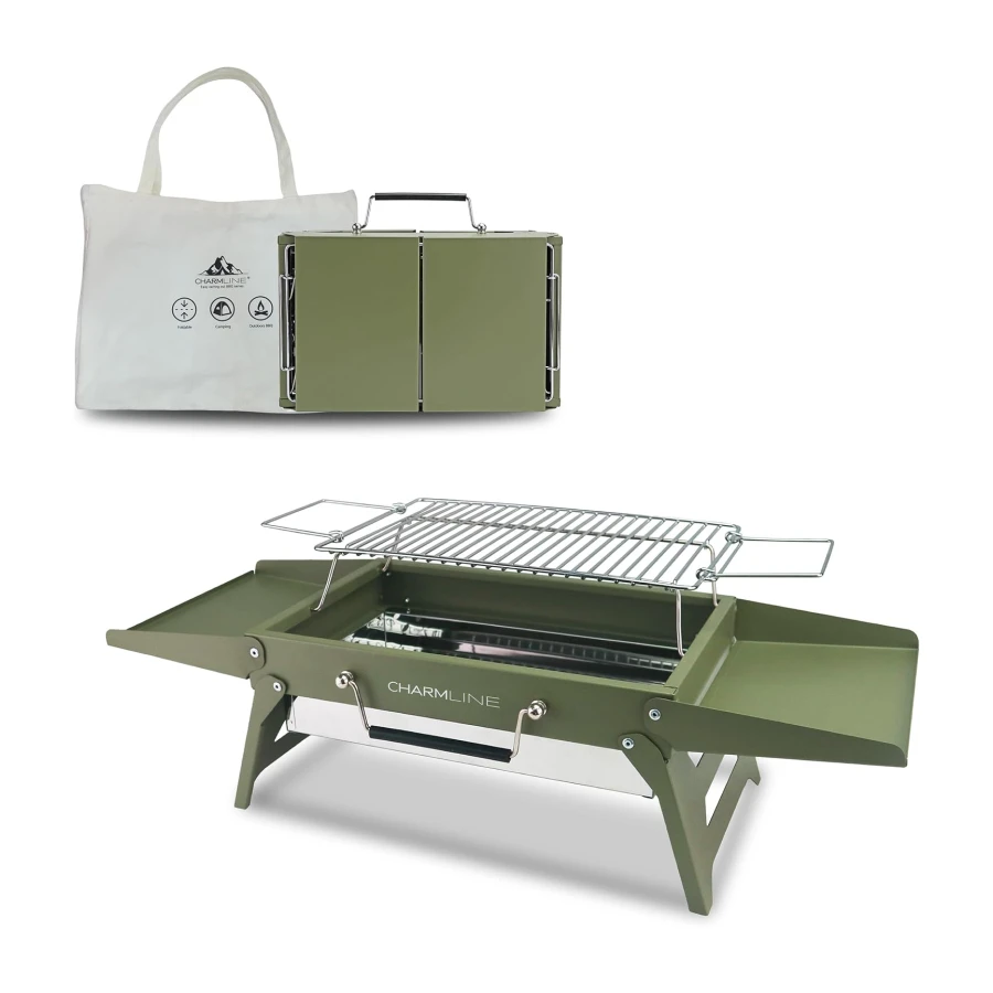 Charmline 35 x 22cm Small Foldable Portable Grill Charcoal, Compact Portable Grill, Desktop Charcoal Grill, BBQ Grill for Camping, Picnics, Gardens and Beach Parties, Green