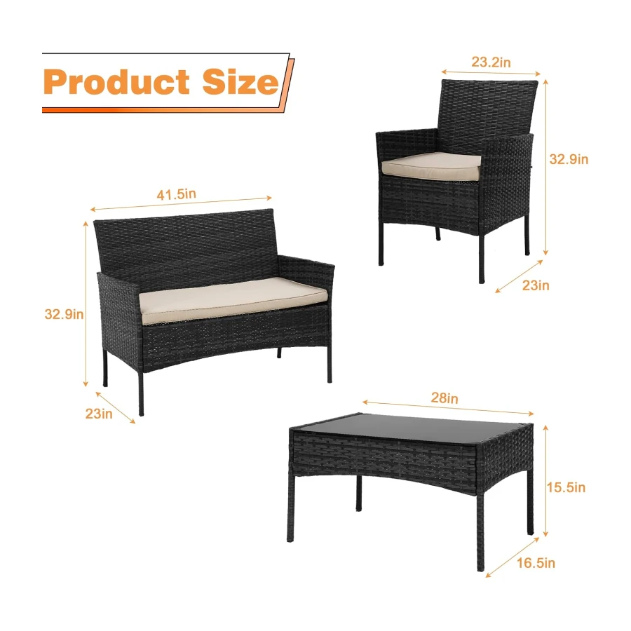 BestOffice Patio Furniture 4 Pieces Outdoor Indoor Use Rattan Chairs Wicker Patio Loveseats Conversation Sets with Table and Beige Cushions for Backyard Lawn Porch Garden Balcony,Black