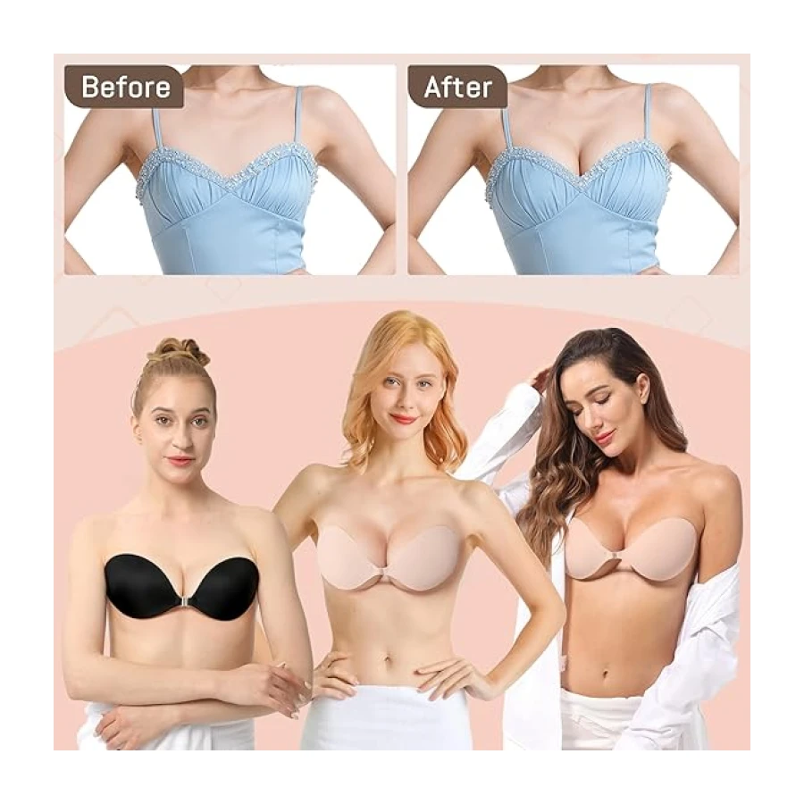 Adhesive Bra Strapless Backless Invisible Push Up Sticky Bra with Silicone Nipple Covers Reusable