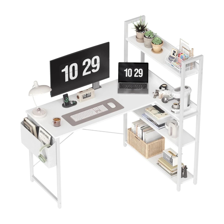 Treesland 47 Inch Computer Desk with Bookshelf, Corner Desk with Storage, L Shaped Desk, Home Office Desks