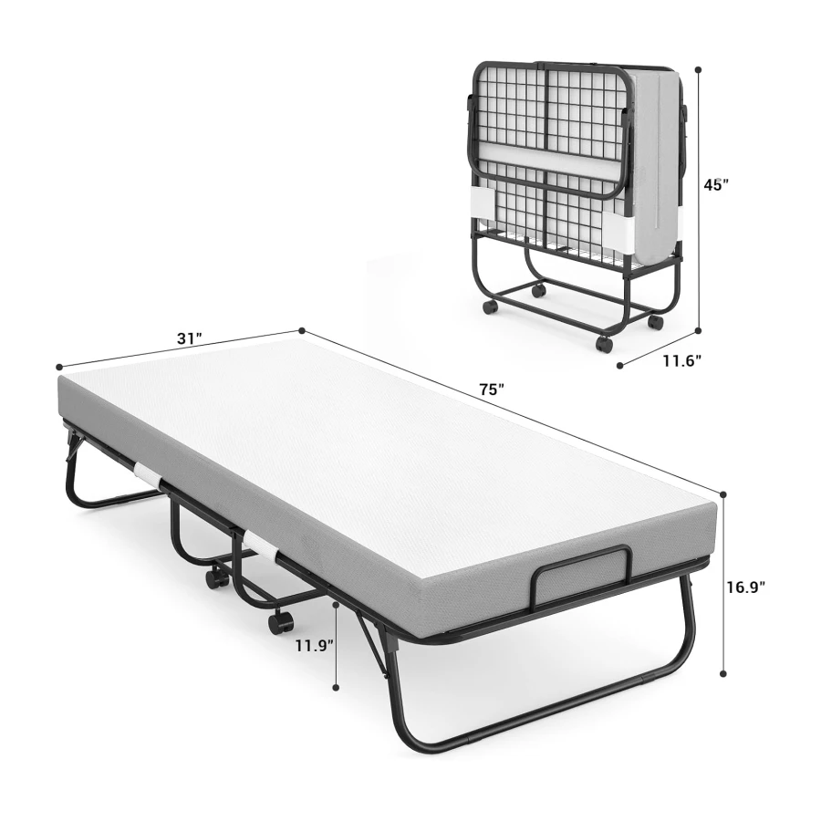 75" x 31" Folding Bed with Mattress and Storage Cover, Cot Size