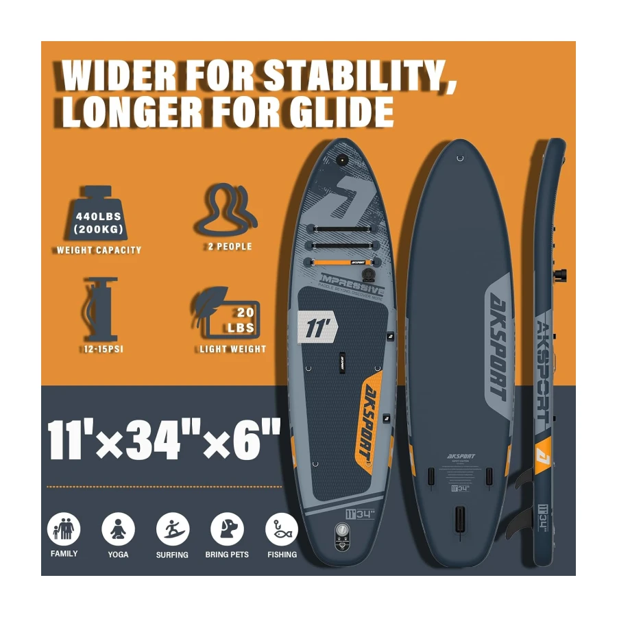 AKSPORT 11' Inflatable Stand-Up Paddle Board with Upgraded SUP Accessories Kit | Extra Wide 34" Design | Non-Slip Deck | Premium SUP Board for Adults & Youth of All Levels