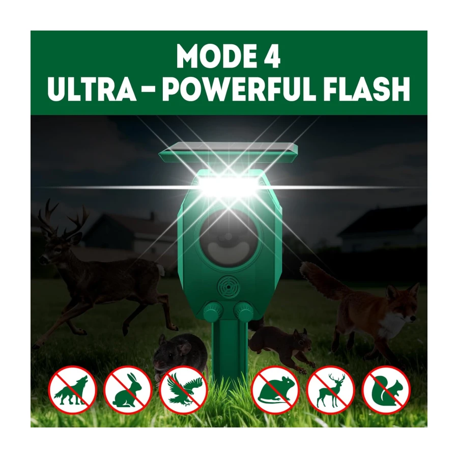 Radar Animal Repellent Outdoor, Ultrasonic Squirrel Cat Deterrent, Solar Power Deer Rabbit Repeller with Flash Light, Waterproof Chipmunk Raccoon Dog Skunk Repellent for Yard Garden Farm Orchard
