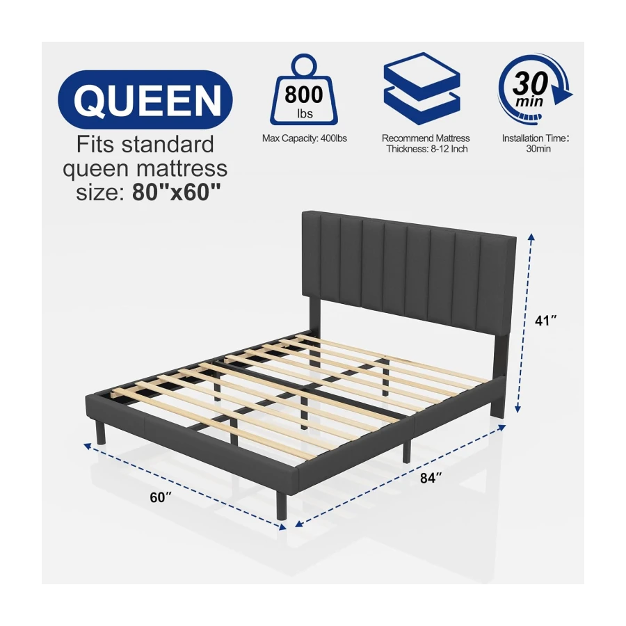Lukace Queen Bed Frame with Upholstered Headboard Wood Slat Support Gray
