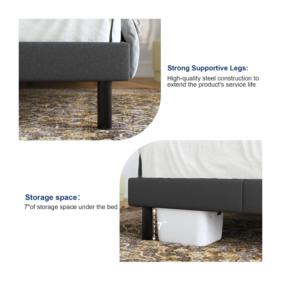 Lukace Queen Bed Frame with Upholstered Headboard Wood Slat Support Gray