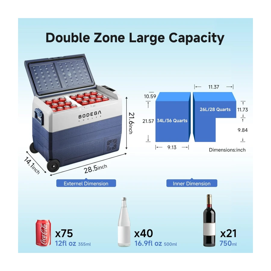 BODEGACOOLER 12 Volt Portable Refrigerator 64 Quart,Car Fridge Dual Zone WiFi APP Control, 60L Portable Freezer Compressor -4℉-68℉,12/24V DC and 100-240V AC for Camping,Travel,RV,Road Trips,Boat
