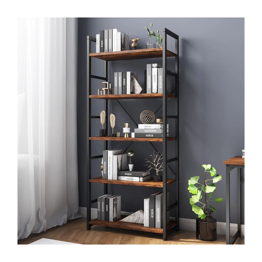 VERMESS Industrial Bookshelf, 5-Tier 24inch Shelving Unit Wood Bookcase with Open Shelves