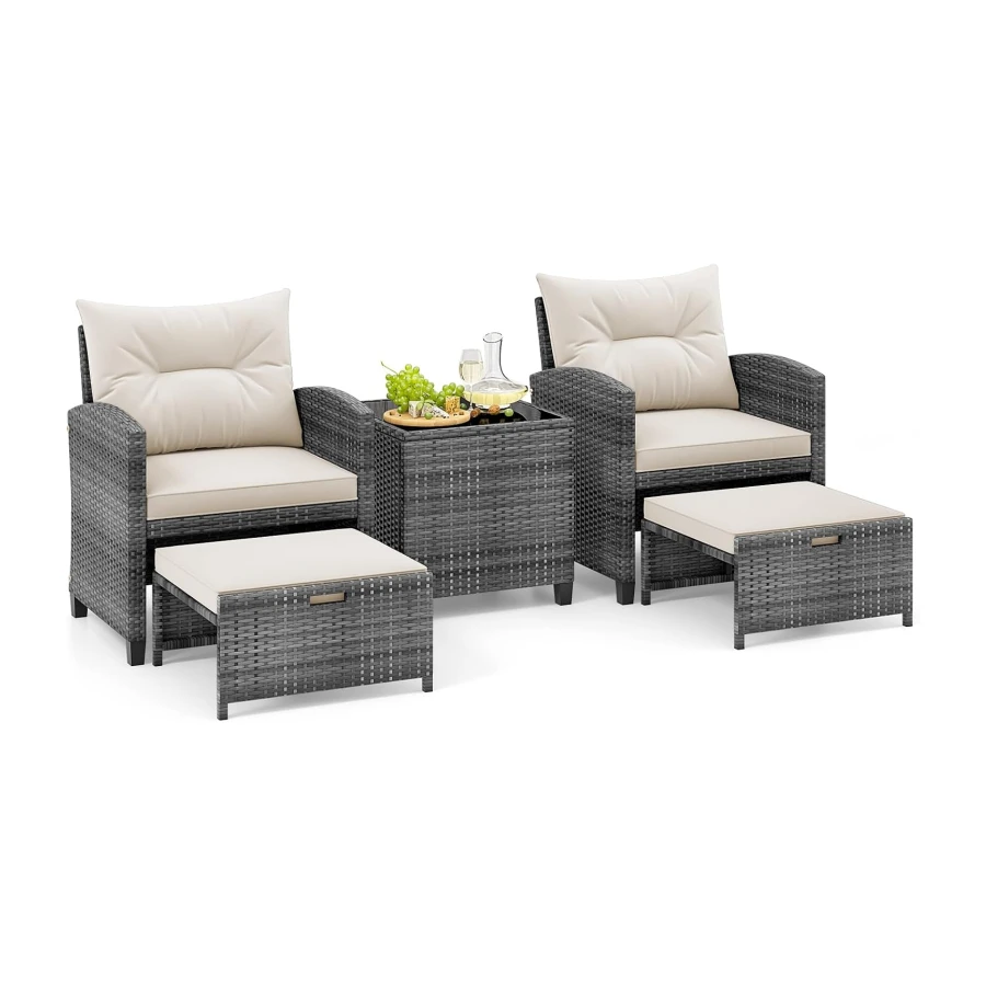 Tangkula 5 Pieces Patio Conversation Set, PE Wicker Rattan Outdoor Furniture Set with 2 Chairs, 2 Ottomans & Tempered Glass Coffee Table, Ideal for Poolside, Backyard, Lawn, Deck, Mix Grey & Off White
