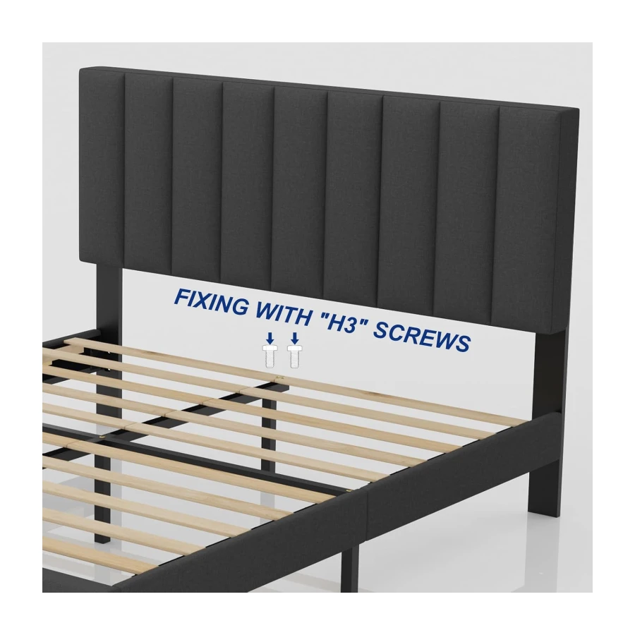 Lukace Queen Bed Frame with Upholstered Headboard Wood Slat Support Gray