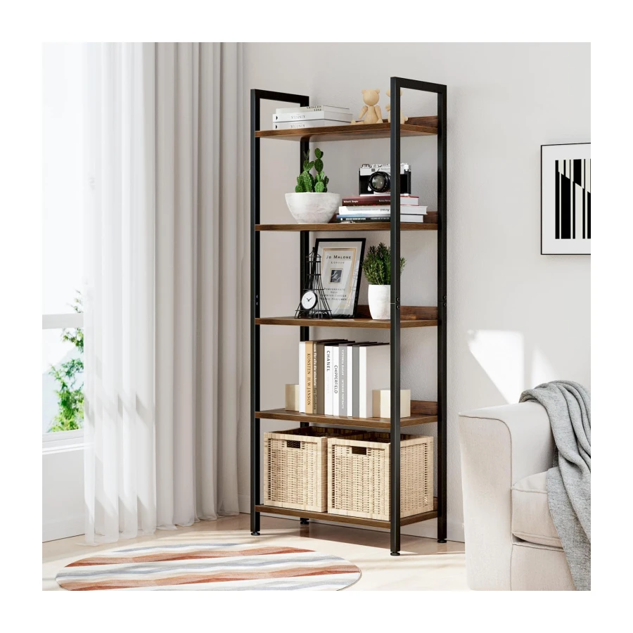 NUMENN Bookshelf, 5 Tier Freestanding Shelving Unit, Vintage | Metal Frame & Wood Shelves