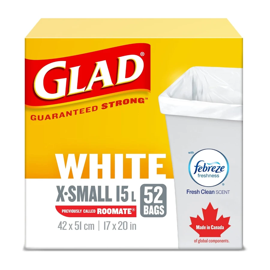 Glad White Garbage Bags - X-Small 15 Litres - Febreze Fresh Clean Scent, 52 Trash Bags, Made in Canada of Global Components