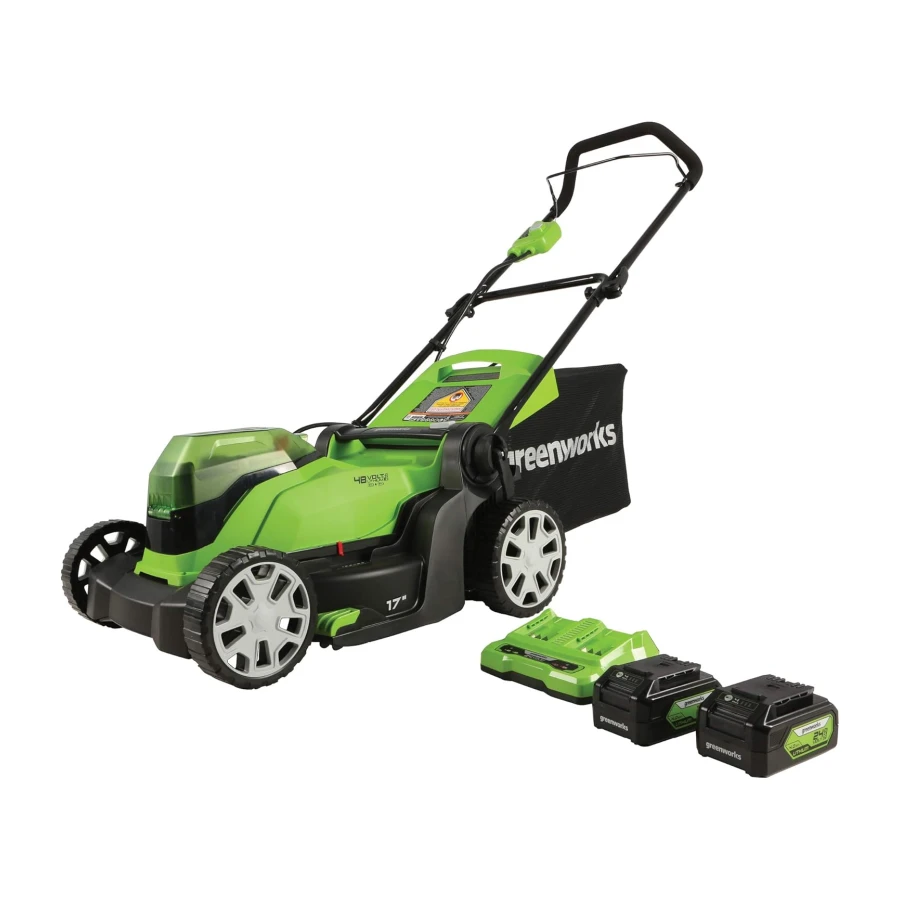 Greenworks 48V 17" Lawn Mower, 2 x 24V 4Ah Batteries and Dual Port Charger Included, MO48B2210, Green