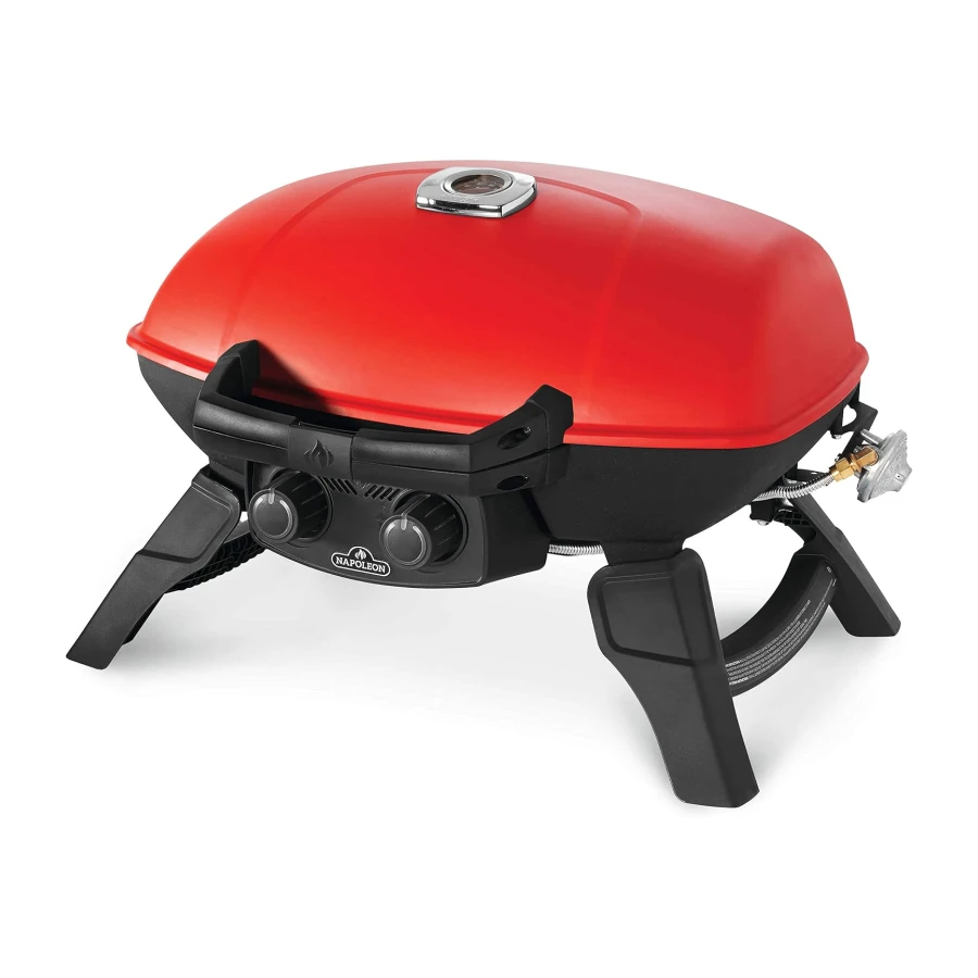 Napoleon TravelQ 285 Portable Gas Bbq Grill, Propane, Red Lid - TQ285-Rd-1-A – Two Burners, Cast Iron Cooking Grids, Comes with Drop-In Griddle, Ideal for Camping & Tailgating