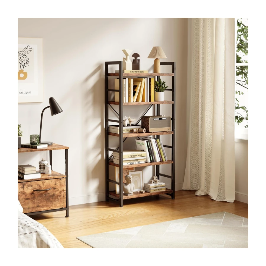 VERMESS Industrial Bookshelf, 5-Tier 24inch Shelving Unit Wood Bookcase with Open Shelves