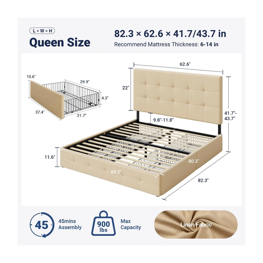 Allewie Upholstered Queen Size Platform Bed Frame
