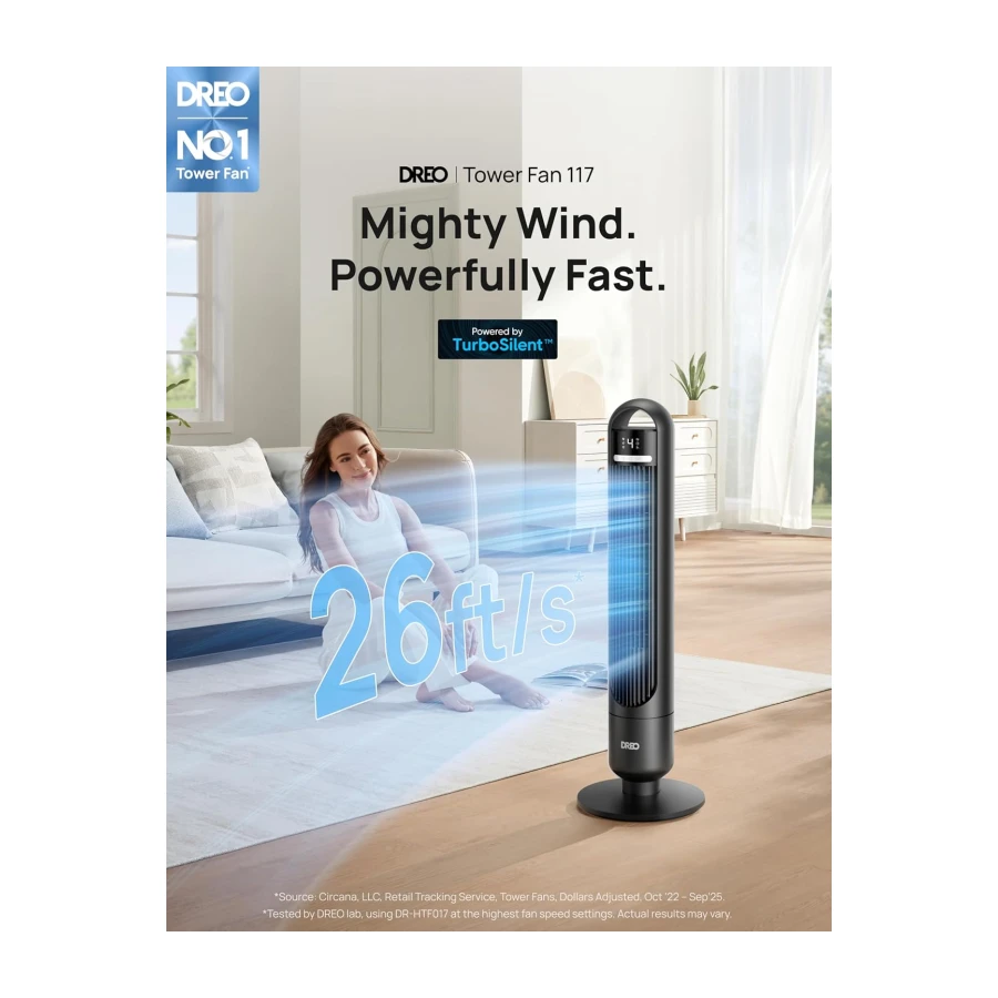 DREO Tower Fan for Bedroom, 90° Oscillating Standing Fans for Room with 4 Speeds, 3 Modes, 28dB Quiet for Sleep