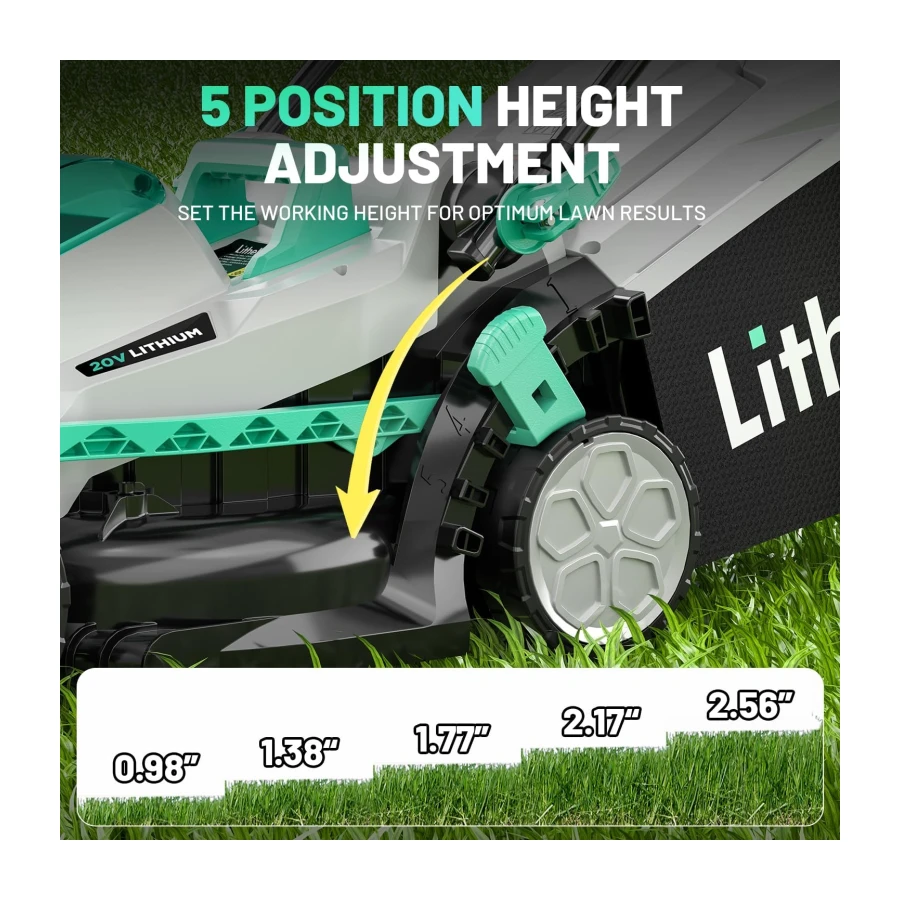 Litheli Cordless Lawn Mower 13 Inch, 5 Heights, 20V Battery Lawnmower for Garden, Yard and Farm, with Brushless Motor, 4.0Ah Battery & Charger Included
