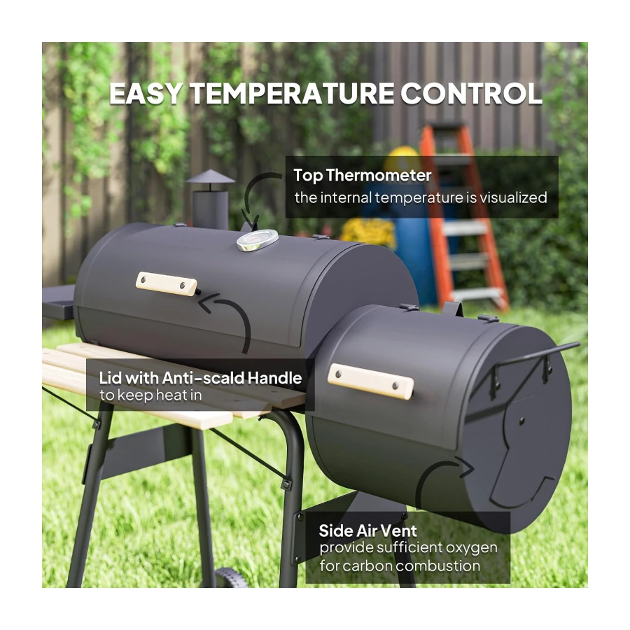 Outsunny 49" Charcoal BBQ Grill with Offset Smoker Portable Backyard Cooking Smoker Outdoor Camp Picnic Barbecue Cooker with Thermometer Wheels and Storage Shelves
