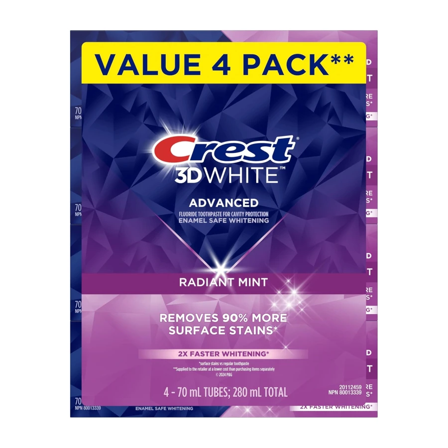 Crest 3D White Advanced Teeth Whitening Toothpaste, Radiant Mint, 4 Count (Pack of 1), 280 mL Total (70 mL each)