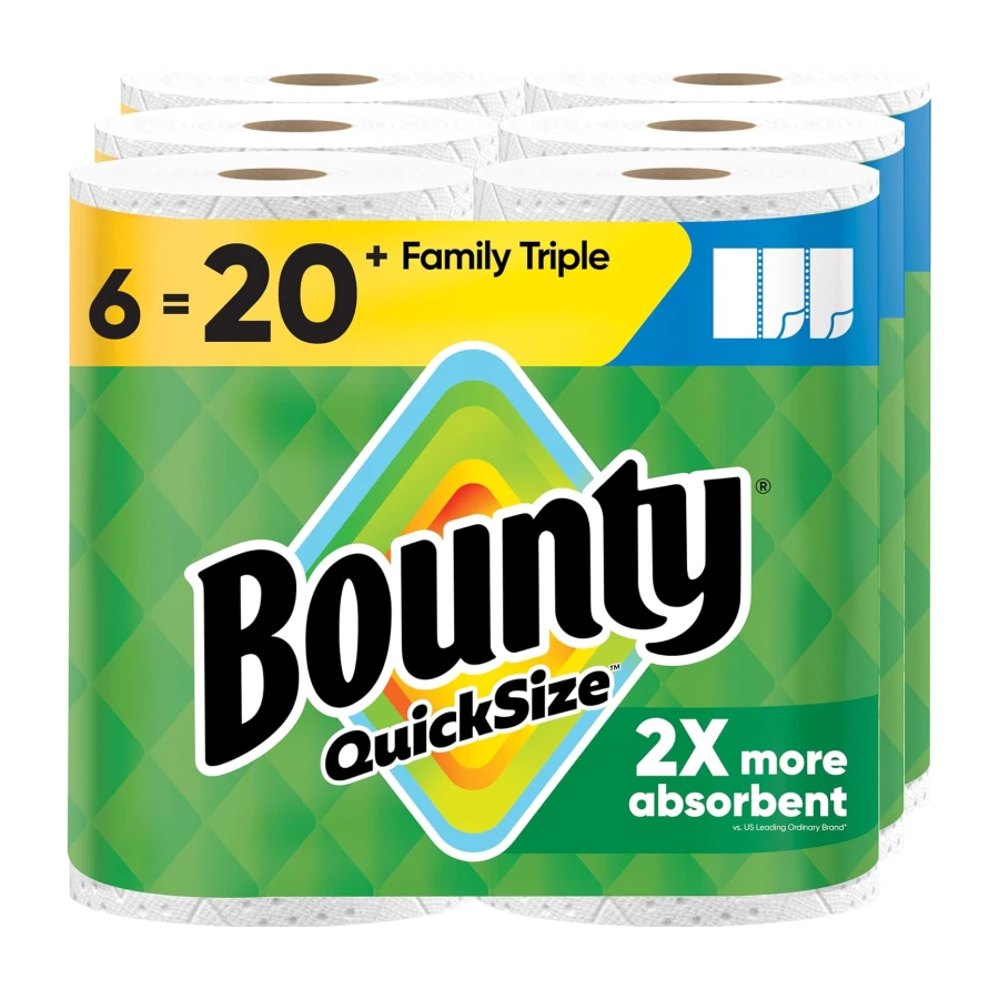Bounty Paper Towels Quick Size, White, 6 Family Triple Rolls = 20+ Regular Rolls