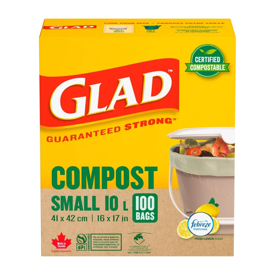 Glad 100% Compostable Bags - Small 10 Litres - Lemon scent 100 Compost Bags