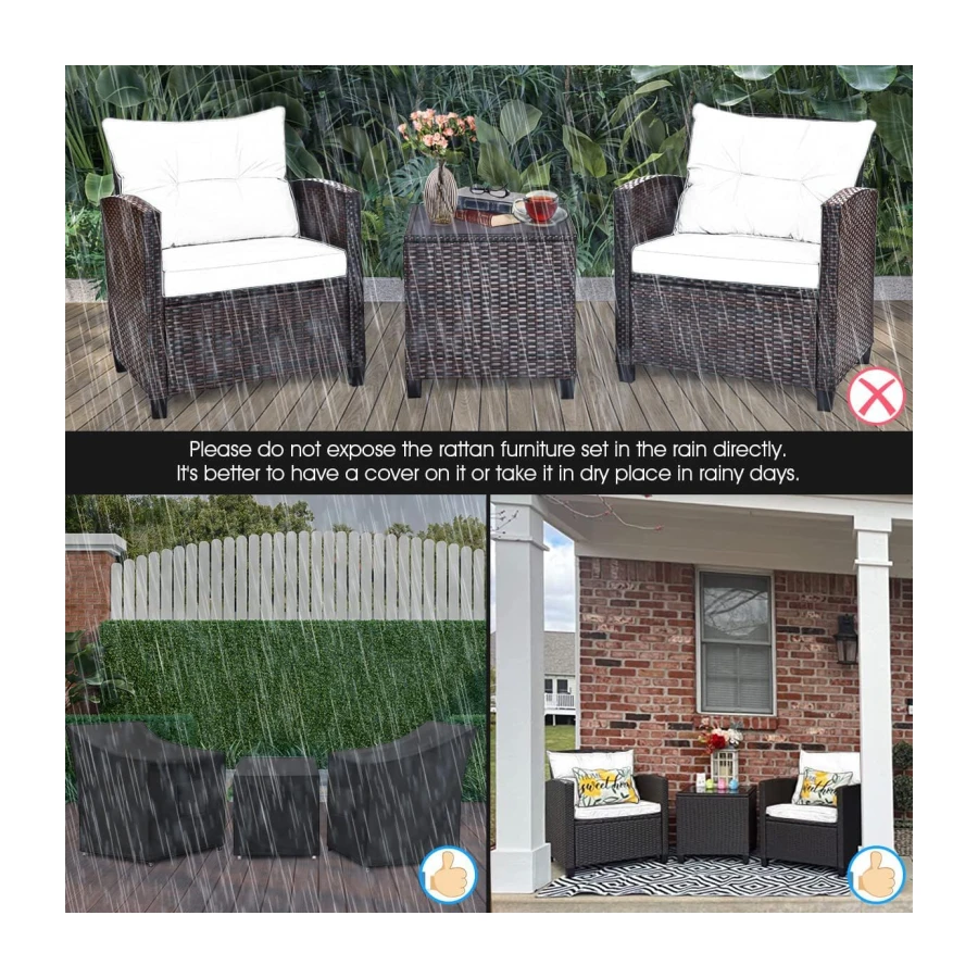 DORTALA 3 Pieces Patio Furniture Set, Outdoor Wicker Rattan Conversation Sofa Set with Cushion, Tempered Glass Top Table for Backyard Porch Garden Poolside Balcony, Navy