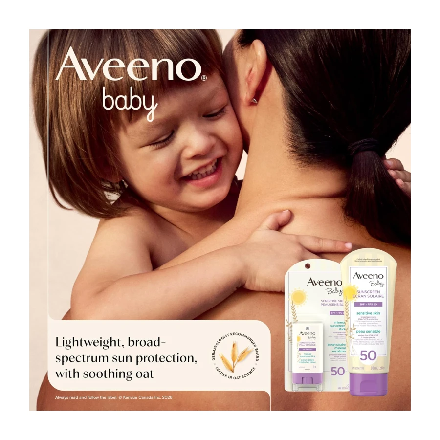 Aveeno Baby Mineral Sunscreen Lotion SPF 50-100% Naturally Sourced Zinc Oxide for Sensitive Skin - Water Resistant - 88 mL