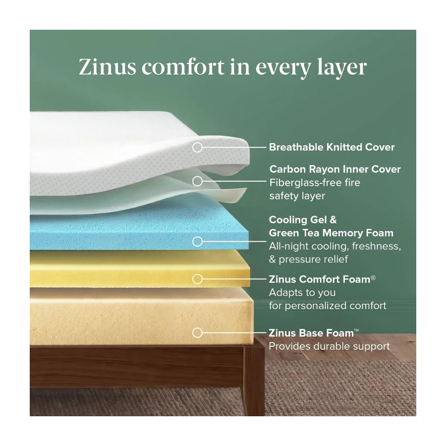 Zinus Queen Mattress - 10 Inch Green Tea Cooling Gel Memory Foam Mattress
