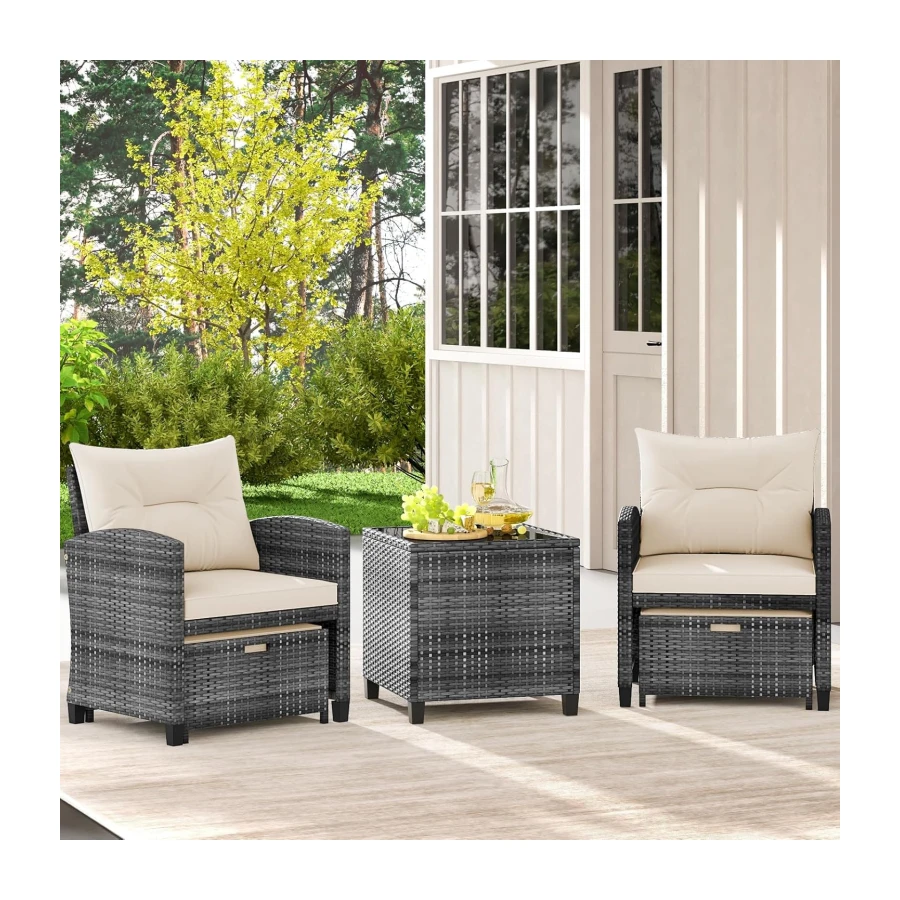 Tangkula 5 Pieces Patio Conversation Set, PE Wicker Rattan Outdoor Furniture Set with 2 Chairs, 2 Ottomans & Tempered Glass Coffee Table, Ideal for Poolside, Backyard, Lawn, Deck, Mix Grey & Off White