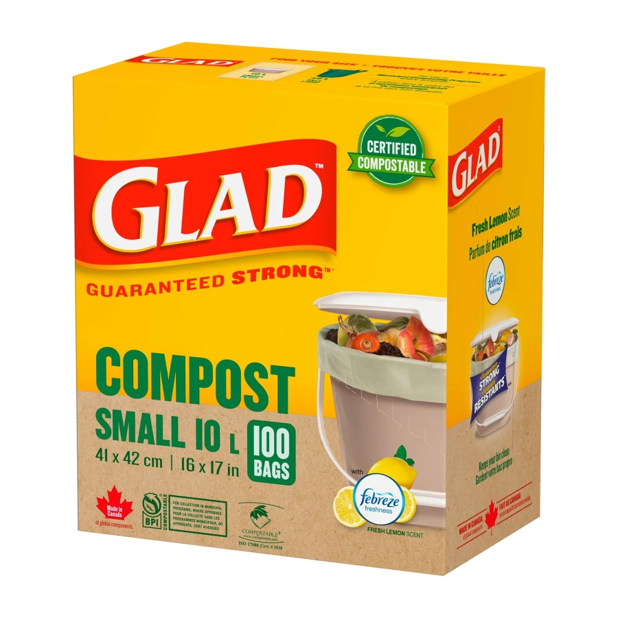 Glad 100% Compostable Bags - Small 10 Litres - Lemon scent 100 Compost Bags