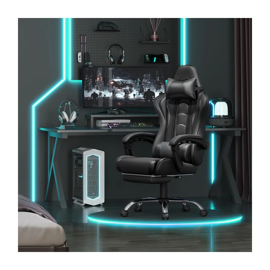 Yaheetech Gaming Chair with Massage Lumbar Support & Footrest, Full Black