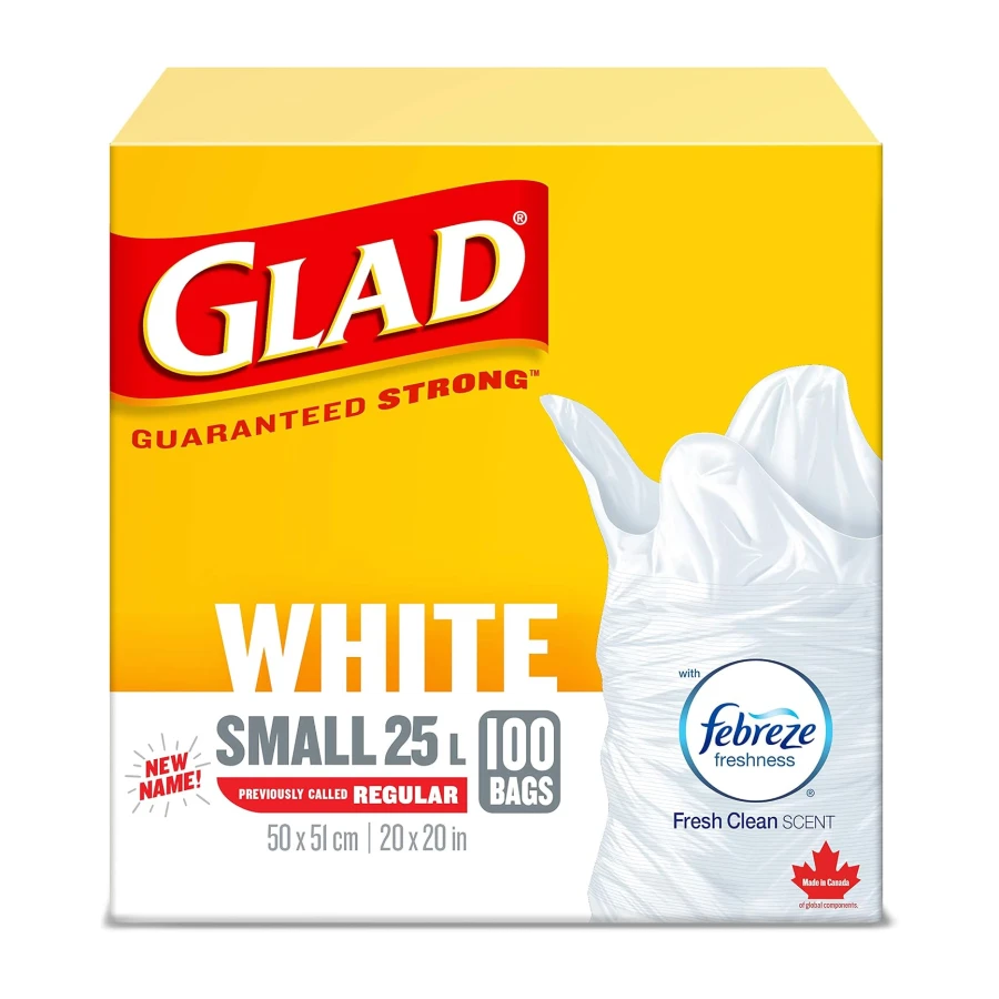 Glad White Garbage Bags - Small 25 Litres - Febreze Fresh Clean Scent, 100 Trash Bags, Made in Canada of Global Components
