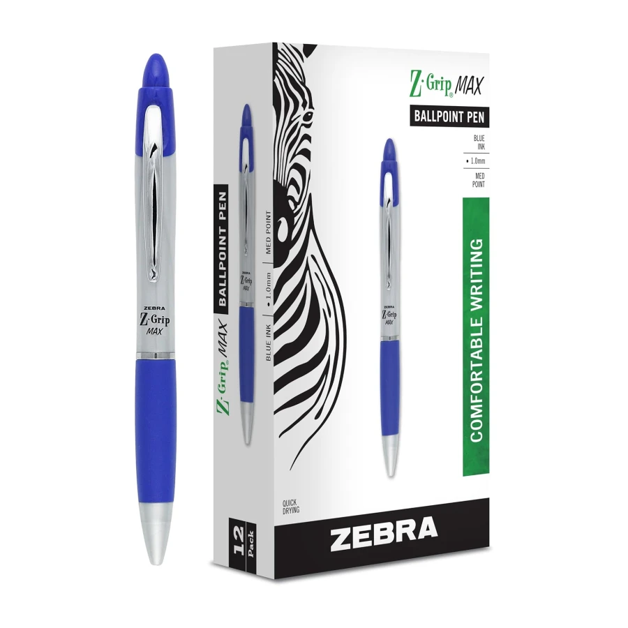 Zebra Pen Z-Grip MAX Retractable Ballpoint Pen, Blue Ink, 1.0mm, 12-Pack